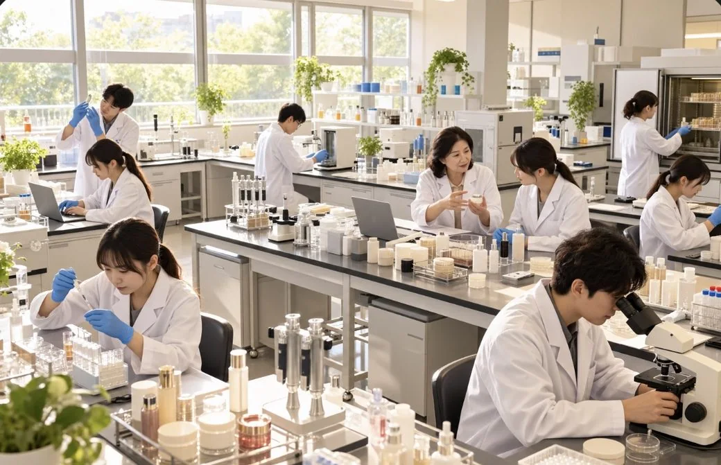 明亮整潔的實驗室全景，研究員分布在不同工作檯進行分析