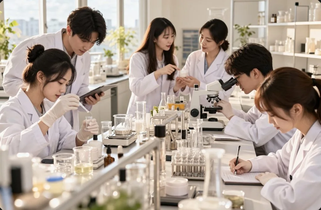 六位研究員在同一間實驗室合作：樣品分裝、顯微鏡觀察、數據記錄與討論